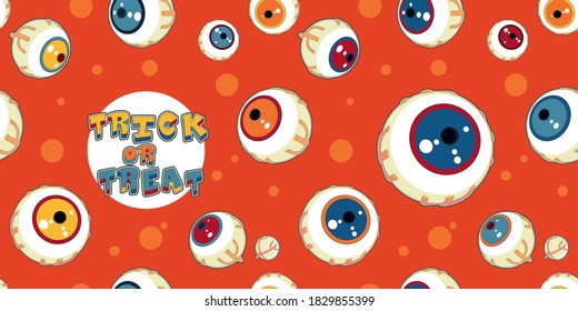 Orange seamless pattern of Halloween. Funny cartoon horror eyes and Trick or Treat lettering on an orange background, Pop Art trend