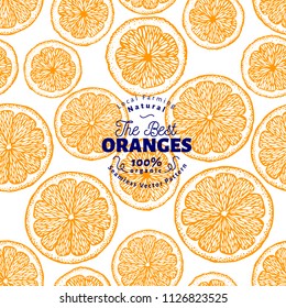 Orange seamless pattern. Hand drawn vector fruit background. Engraved style. Vintage citrus illustration.