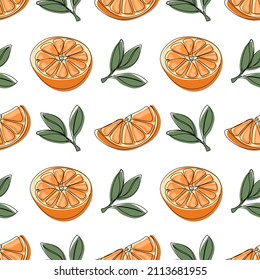 Orange seamless pattern. Hand drawn fruit background. Print for fabric, textiles, wrapping paper, web.Vector illustration