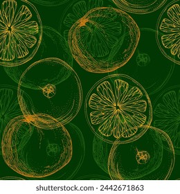 Orange seamless pattern. Hand drawn fruit background. Engraved style. Vintage citrus illustration.