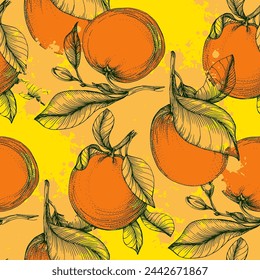 Orange seamless pattern. Hand drawn fruit background. Engraved style. Vintage citrus illustration.