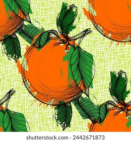 Patrón naranja sin costuras. Fondo de fruta dibujado a mano. Estilo grabado. Ilustración de cítricos vintage.