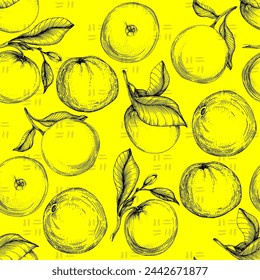 Orange seamless pattern. Hand drawn fruit background. Engraved style. Vintage citrus illustration.