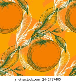 Orange seamless pattern. Hand drawn fruit background. Engraved style. Vintage citrus illustration.