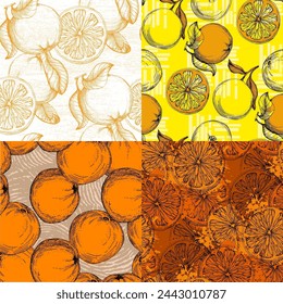 Orange seamless pattern. Hand drawn fruit background. Engraved style. Vintage citrus illustration.