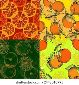 Orange seamless pattern. Hand drawn fruit background. Engraved style. Vintage citrus illustration.
