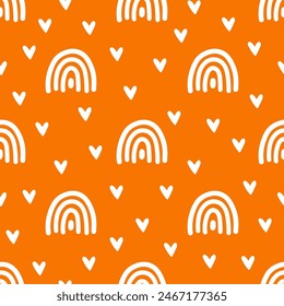 Orange seamless pattern with hearts and rainbows