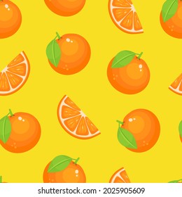 Orange seamless pattern. Orange with leaf and orange slice on a yellow background. Vector pattern.