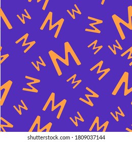 Orange seamless pattern and the letter M purple background  Minimalistic freehand drawing style  Background for fabric  wallpaper  bed linen  Vector illustration 