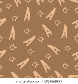 Orange seamless pattern with the letter A on a brown backdrop. Minimalist style. Hand drawn Background for fabric, wallpaper, bed linen. Vector illustration.