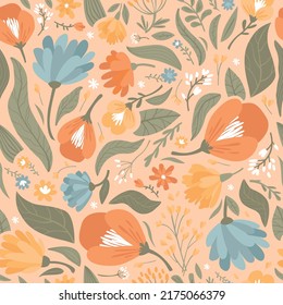 Orange seamless pattern of meadow flowers and leaves. Modern vector illustration.