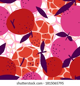 Orange seamless pattern mixed with giraffe ornament. Artistic floral fruit illustration on animal skin print. Cut out paper design. Flat botanical background. Summer fashion design.