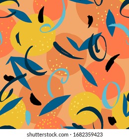 Orange seamless pattern mixed with simple squiggle elements. Artistic floral fruit illustration. Cut out paper design. Flat botanical background.