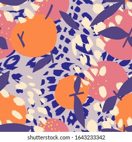 Orange seamless pattern mixed with tiger leopard ornament. Artistic floral fruit illustration on animal skin print. Cut out paper design. Flat botanical background. Summer fashion design.
