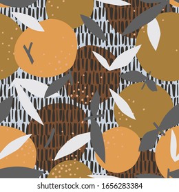 Orange seamless pattern on weaving texture. Floral Fruit background. Cut out paper design. Flat botanical illustration.