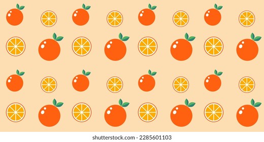 Orange seamless pattern with oranges and fruit slices abstract background repeating tile in flat vector style. Bright summer vibes fashion fabric print design. Seasonal backdrop or gift wrapping.