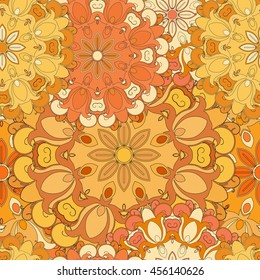 Orange seamless pattern for oriental print or decoration. Japanese designed flowered motif. Eastern, arabic, indian, asian, turkish wrapping-paper or ethnic background.
