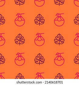 Orange seamless pattern with pink coconut cocktails and monstera leaves.