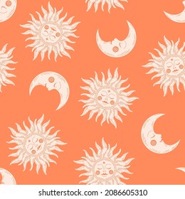 Orange seamless pattern with pink sun and moon.