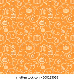 Orange seamless pattern with pumpkin, leaves and swirls. Stylish linear seamless background