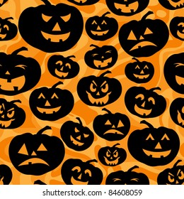 Orange seamless pattern with pumpkins with different faces