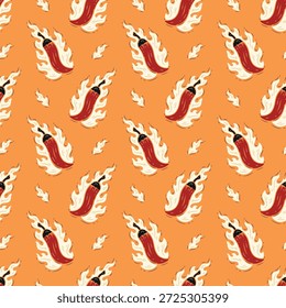 Naranja sin patrón de pimientos picantes rojos con llama de fuego. Fondo de verduras picantes. Ilustración vectorial de dibujo a mano. Hecho a mano, no AI.