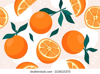 Orange nahtloses Muster. Wiederholung des Bildes zum Drucken. Frisches und ökologisches Obst. Zitrusfrüchte und vegetarische Ernährung, Ernährung. Sommer- oder Frühlingsform. Blumen und Blätter. Cartoon-Flavektor-Vektorgrafik