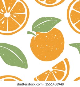 Orange seamless pattern. Ripe orange and orange slice on white background.  Can be used for wallpaper, fabric, wrapping paper or decoration. Vector shabby hand drawn illustration