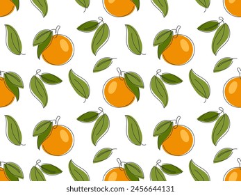 Orange seamless pattern. Simple abstract fruit background. Whole tangerine with leaves. Hand drawn illustration. Template for lemonade juice packaging, fabric print, cover, wallpaper