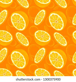 Orange seamless pattern. Sketch oranges. Citrus fruit background. Elements for menu, greeting cards, wrapping paper, cosmetics packaging, posters etc