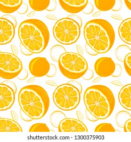 Orange seamless pattern. Sketch oranges. Citrus fruit background. Elements for menu, greeting cards, wrapping paper, cosmetics packaging, posters etc