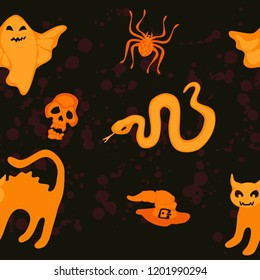 orange seamless pattern with spiders and hats for halloween. stock vector illustration