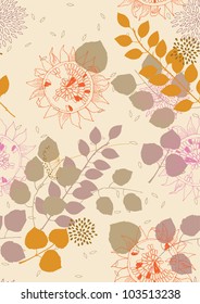 Orange seamless pattern with sunflowers and leaves