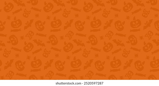 Orange seamless pattern with symbols of Halloween. Vector texture for background, banner, wrapping paper, textile