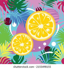 Orange. Seamless pattern with tropical fruits and palm leaves. Vector image.