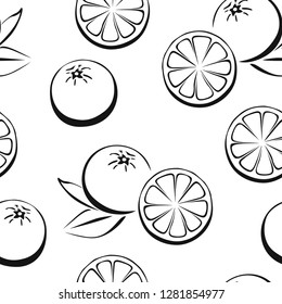 Orange  seamless pattern. Vector black and white background illustration with citrus and leaves.