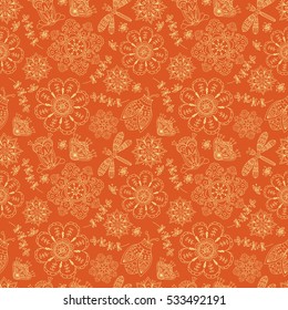 Orange seamless pattern with vector floral doodles - flowers, dragonfly and beetle. Hand draw illustration.