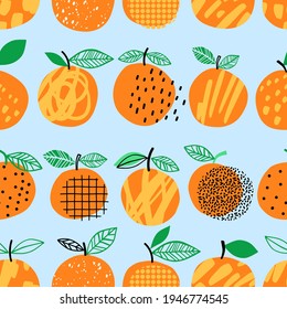 Orange seamless pattern vector illustration. Summer fruit design on blue