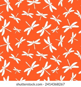 Orange seamless pattern with white dragonfly
