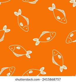 Orange seamless pattern with white fish