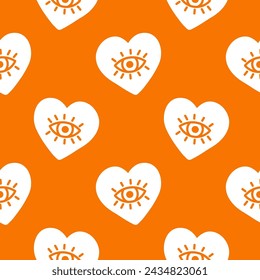 Patrón naranja sin costuras con corazones y ojos blancos