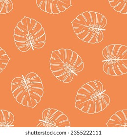 Orange seamless pattern with white monstera leaves