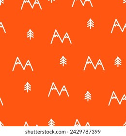 Patrón naranja sin costuras con montañas y árboles blancos