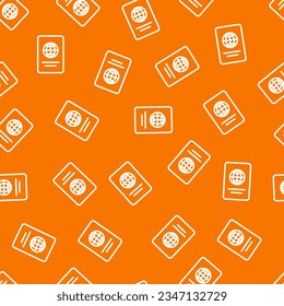 Orange seamless pattern with white outline passport symbols