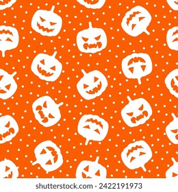 Orange seamless pattern with white scary pumpkin and dots