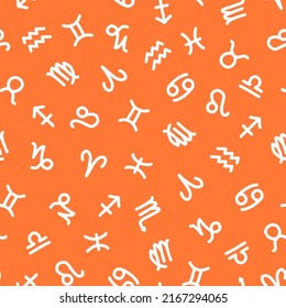Orange seamless pattern with white zodiac signs