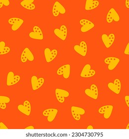 Patrón naranja sin soldadura con corazones de doodle amarillos