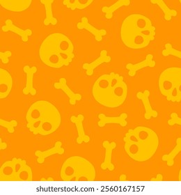 Orange seamless pattern with yellow halloween skulls and bones