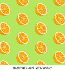 Patrón naranja sin costuras. Patrón de repetición mandarina. Patrón naranja de corte de media rebanada aislado sobre fondo verde.