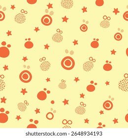 Orange seamless playful silhouette pattern with geometric abstract elements on yellow background for summer stationery and fabric.